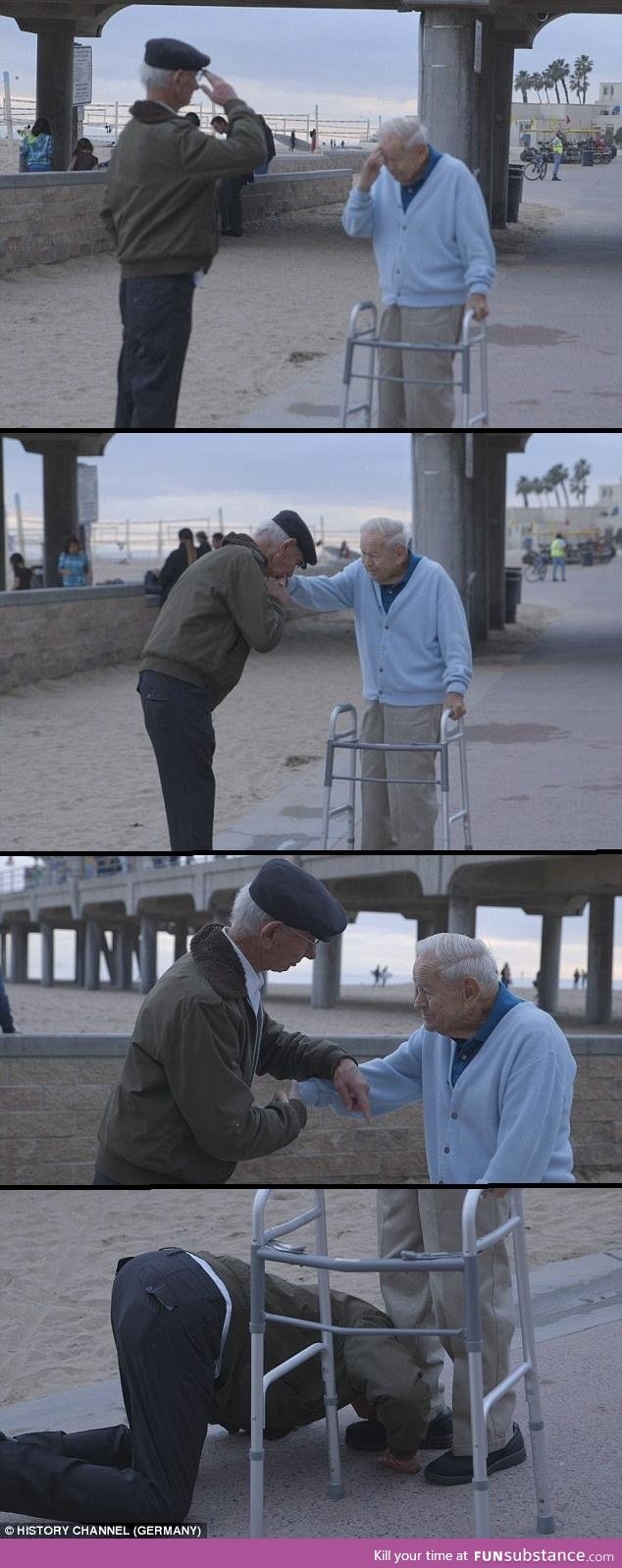 This Holocaust Survivor salutes a US Soldier who liberated him from a Concentration Camp.