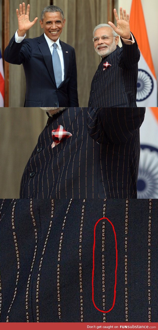Prime minister modi wore a suit with his own name printed on it thousands of times
