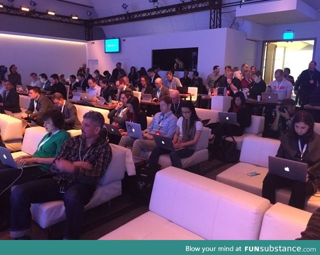 A sea of Macbooks at the Windows 10 unveiling