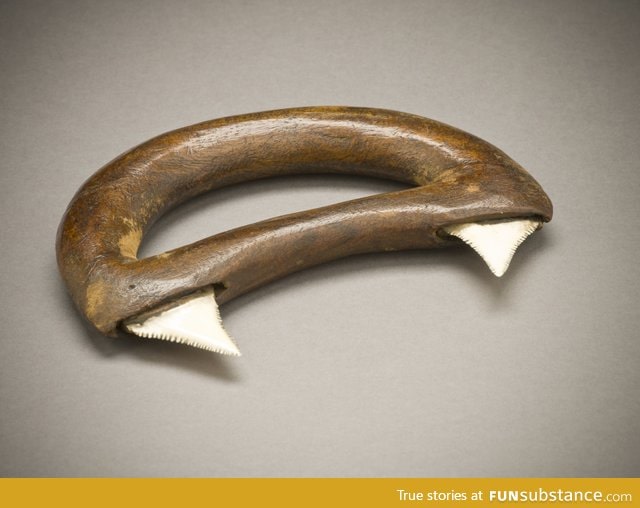 Hawaiian hand weapon made out of wood and shark teeth circa 1778