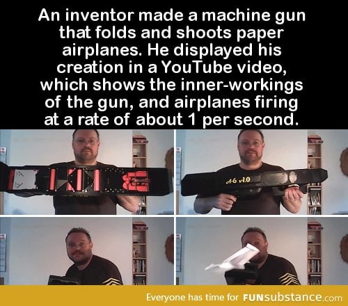 An inventor made a machine gun that folds and shoots paper airplanes