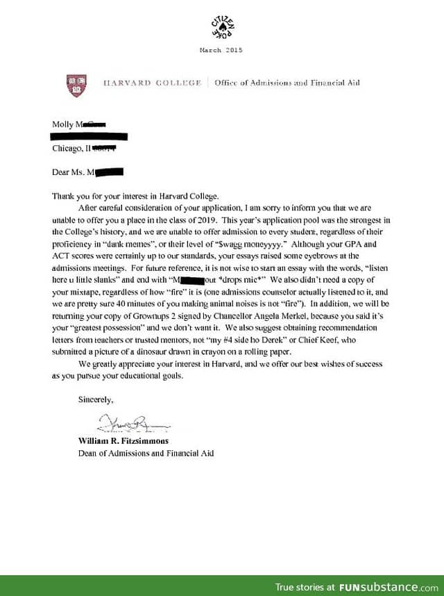 Harvard rejection letter