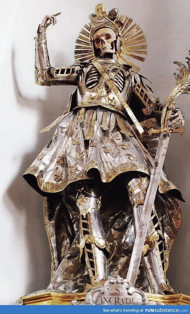 The armored skeleton of Saint Pancratius at the Church of St Nikolaus in Switzerland