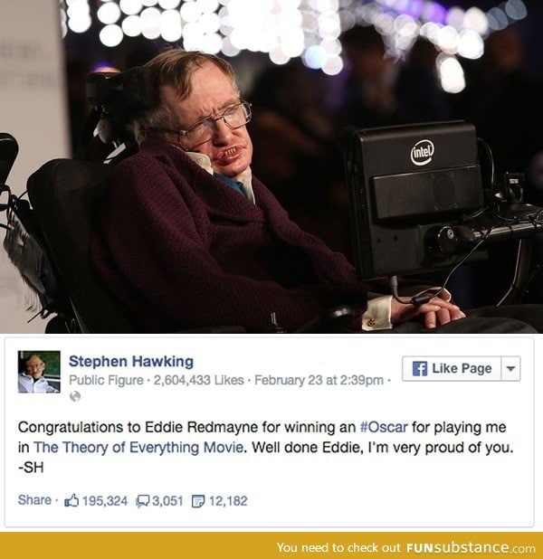 Stephen Hawking congratulates Eddie Redmayne in touching Facebook post