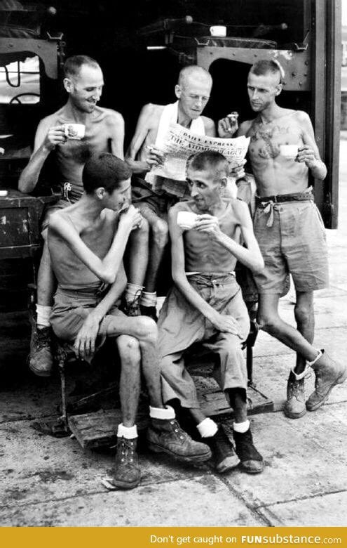 British soldiers liberated from a Japanese POW camp in Sumatra