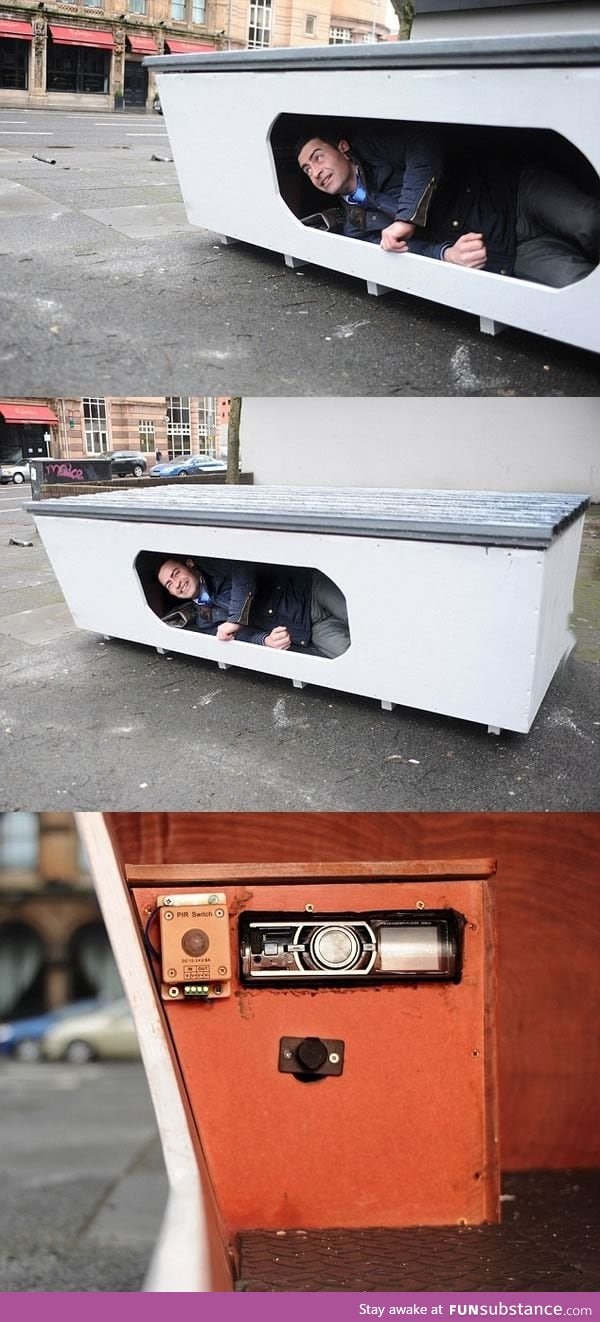 bed for the homeless complete with solar panel to power radio, light, phone