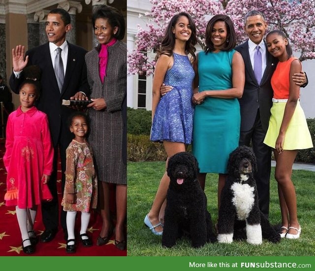Time flies: The Obama family at the beginning of Obama's presidency and them now
