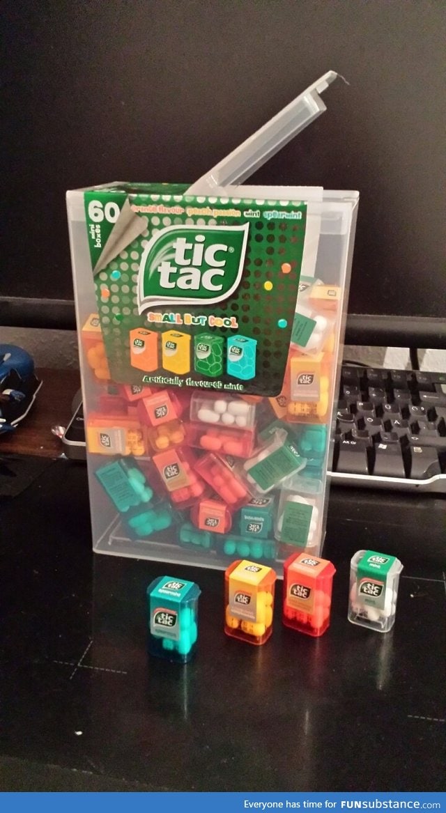 A giant tic tac box filled with tiny tic tac boxes