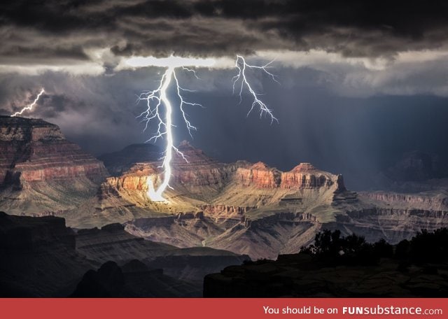 The Grand Canyon lit only by lightning