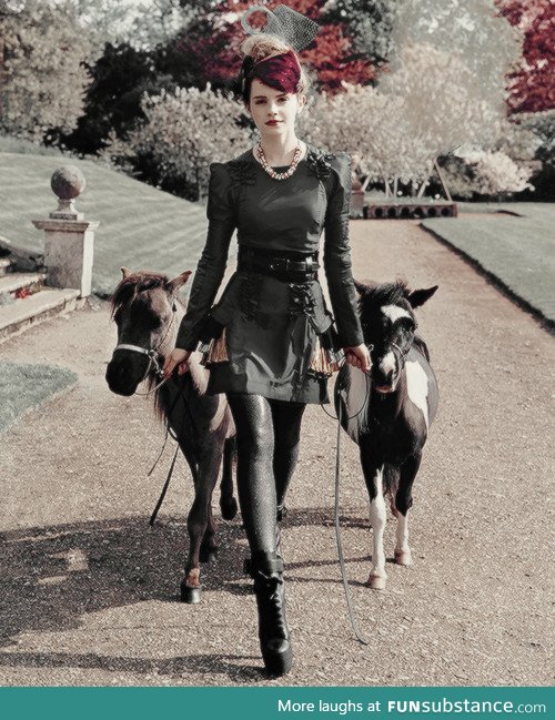 This is emma watson with red hair and ponies
