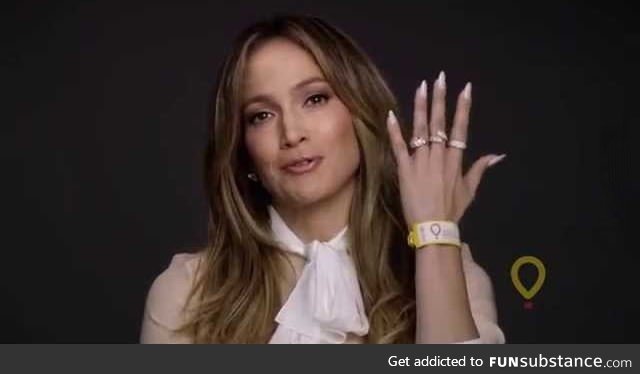 Jennifer Lopez asking for donations while displaying a hand full of diamonds