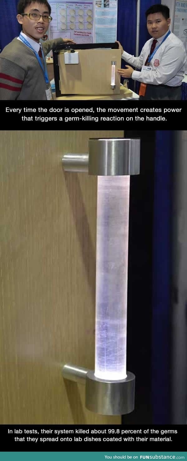 Two students have developed a bathroom door handle that can knock out germs on contact