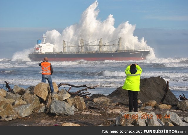 Ship becomes man-made breakwater