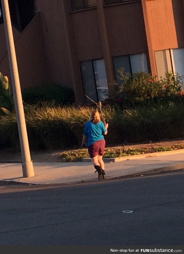 Just a lady walking her bird on a stick