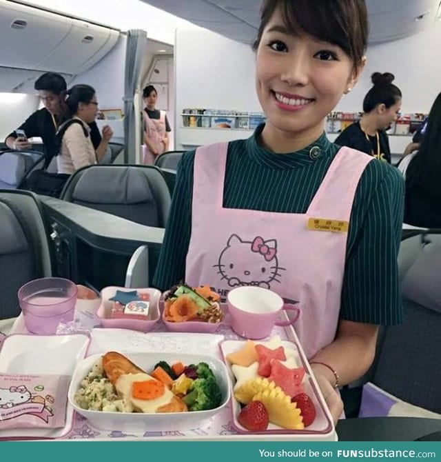 Here have a hello Kitty breakfast, on a hello kitty plane, from a hello kitty stewardess