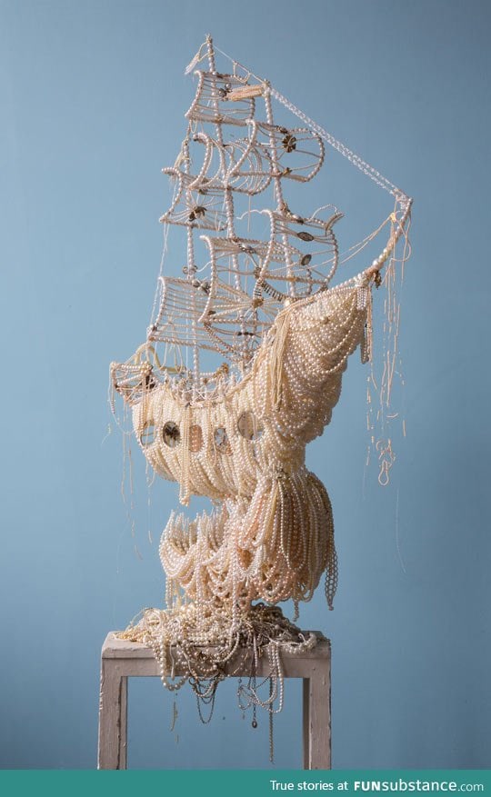pirate ship made out of old pearl necklaces