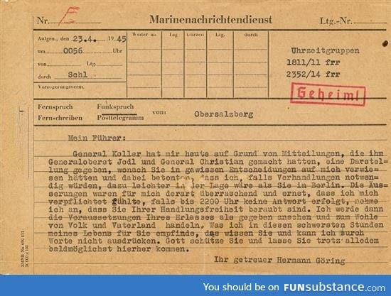 The telegram that drove Hitler to suicide, recently sold for $55,000