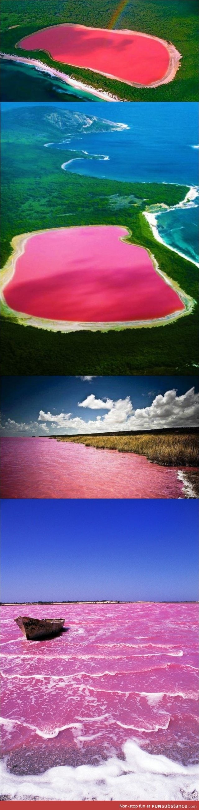 Lake Hillier, Australia. The only living organism in it, Dunaliella Salina, causes pink