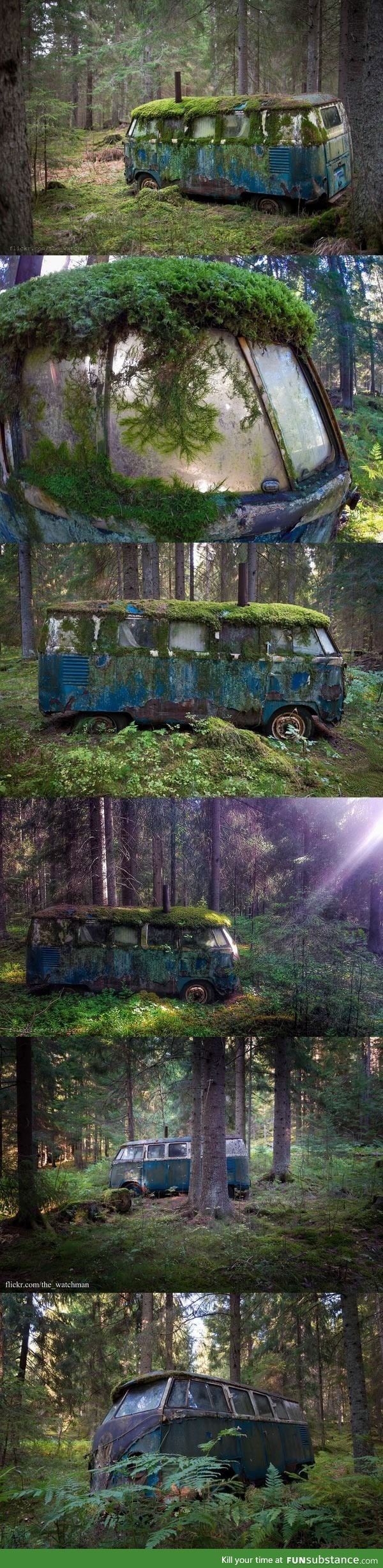 Abandoned VW bus that was once someone's home, deep in the forests of Norway