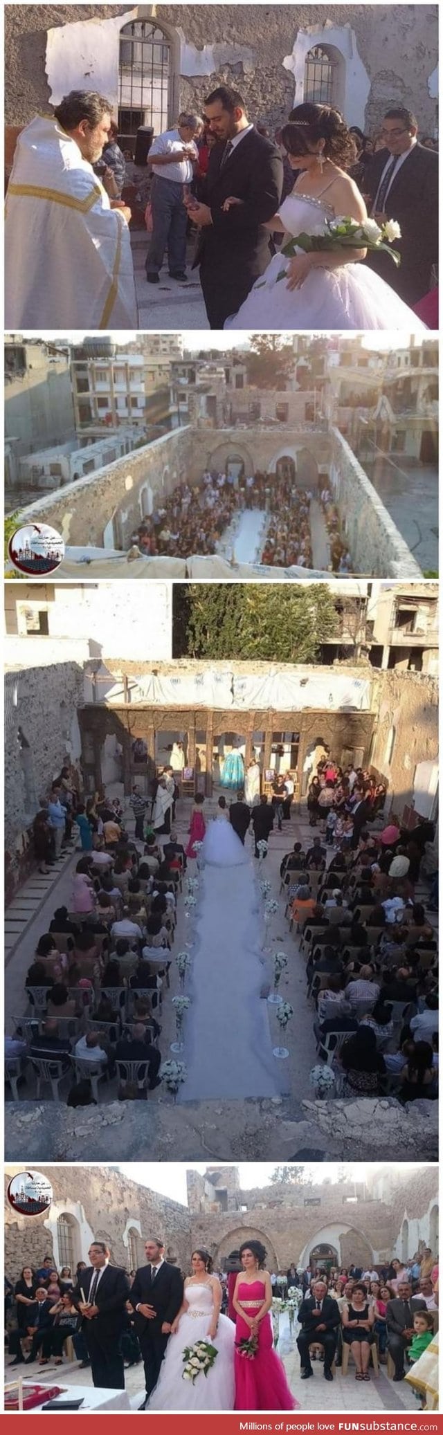 Syrian family celebrating wedding in a half-destroyed Homs' church
