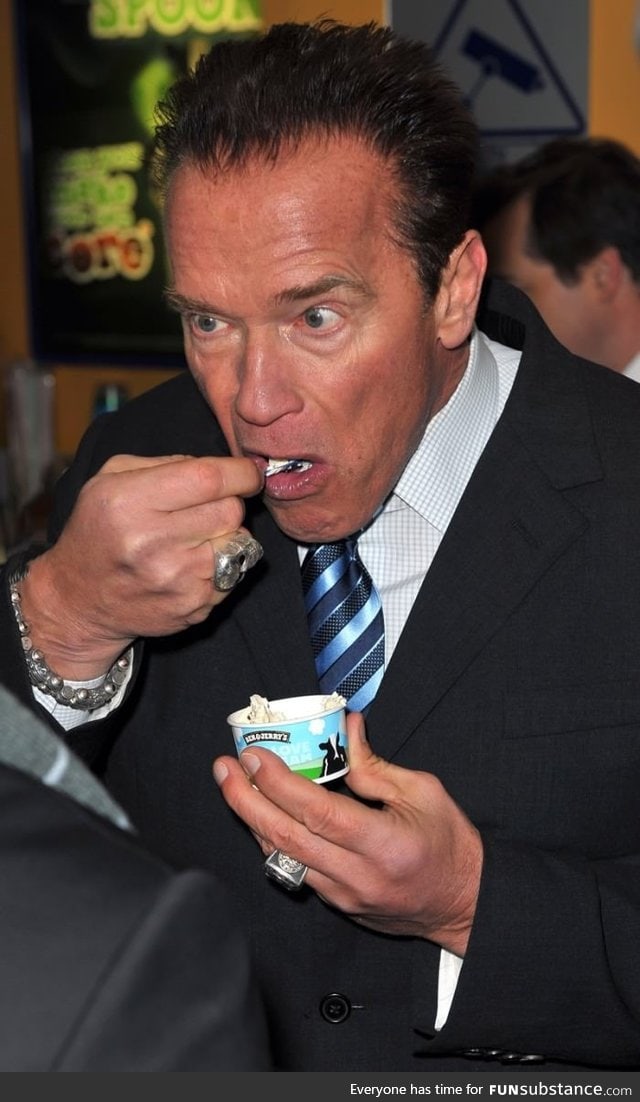 Schwarzenegger with a tiny Ben and Jerry's