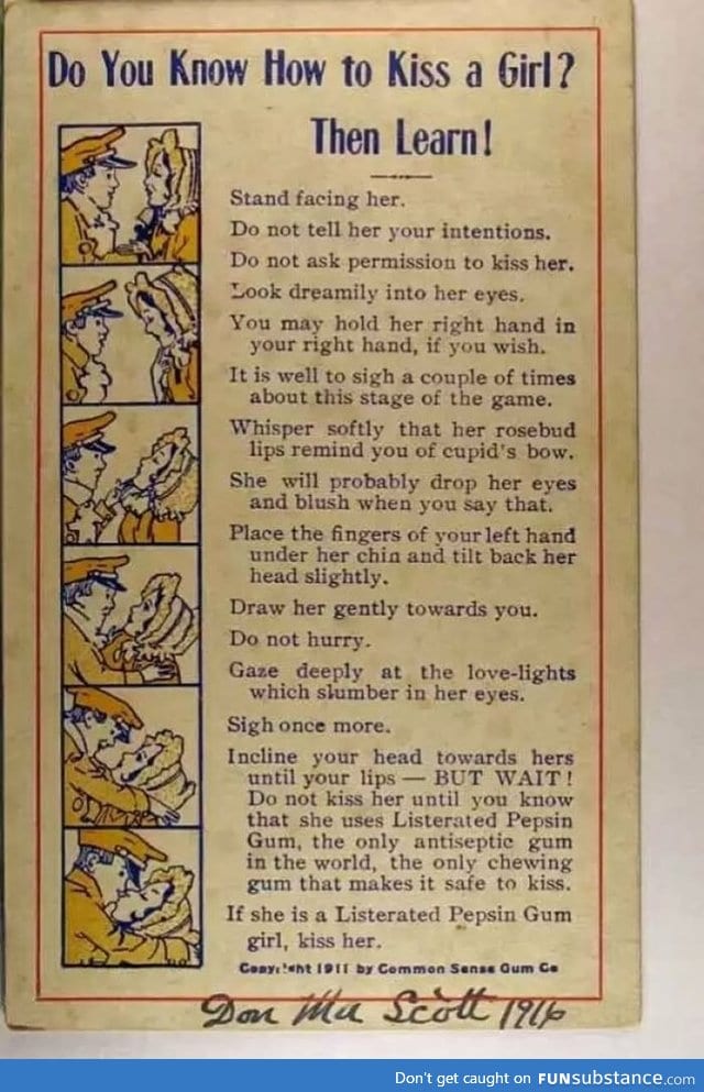 Instructions on how to kiss girl from the year 1911