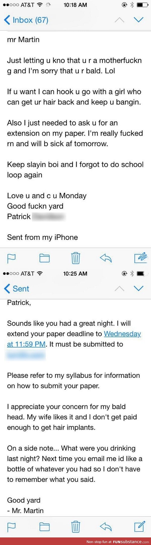 A student emails his professor while drunk. The reply is so chill