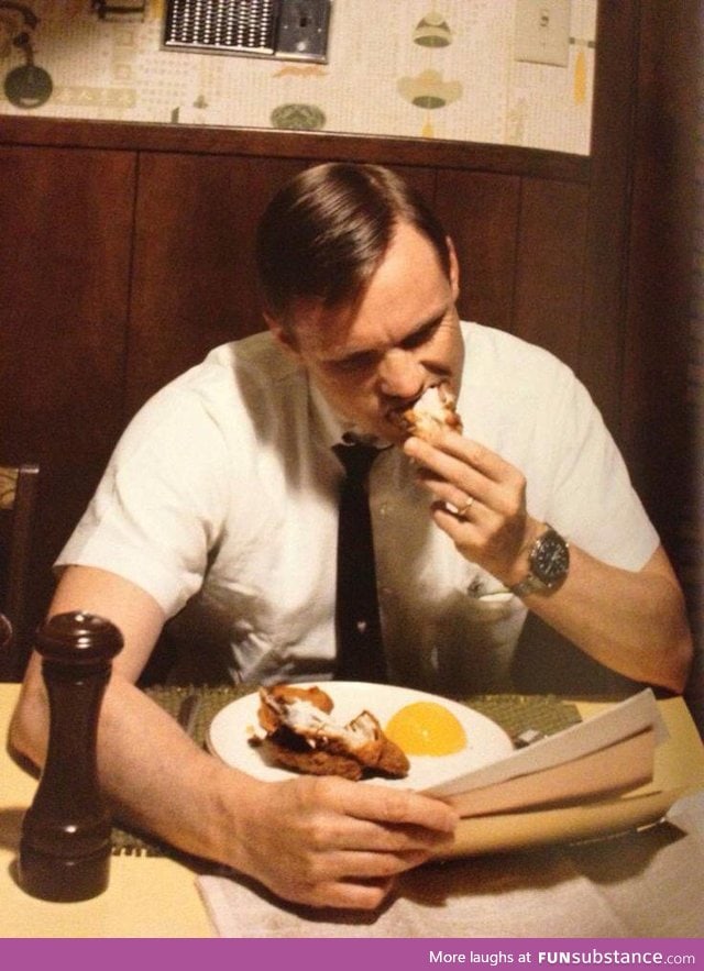 Neil Armstrong eating his last breakfast on Earth before leaving for the moon - 1969