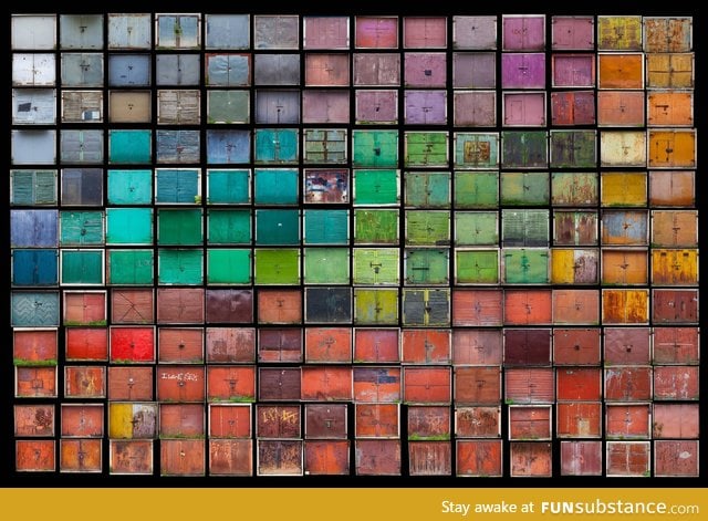 The spectrum of colour and texture captured in a collage of Lithuanian garage doors