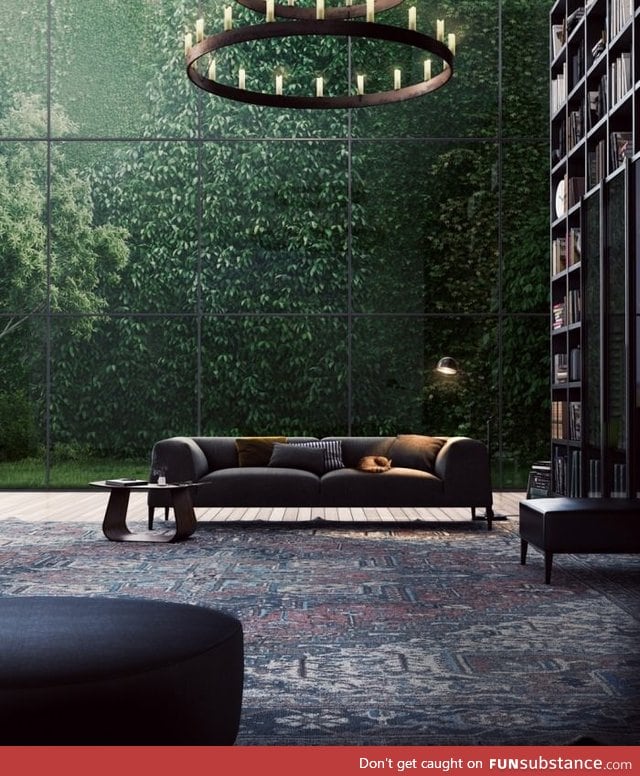 A lovely glass-walled library with a view of rain forest in Germany