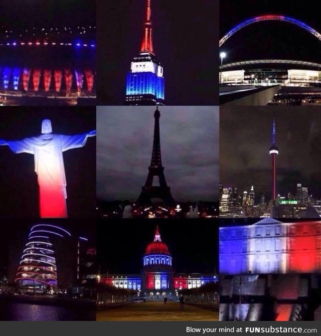 Landmarks lit up to support France