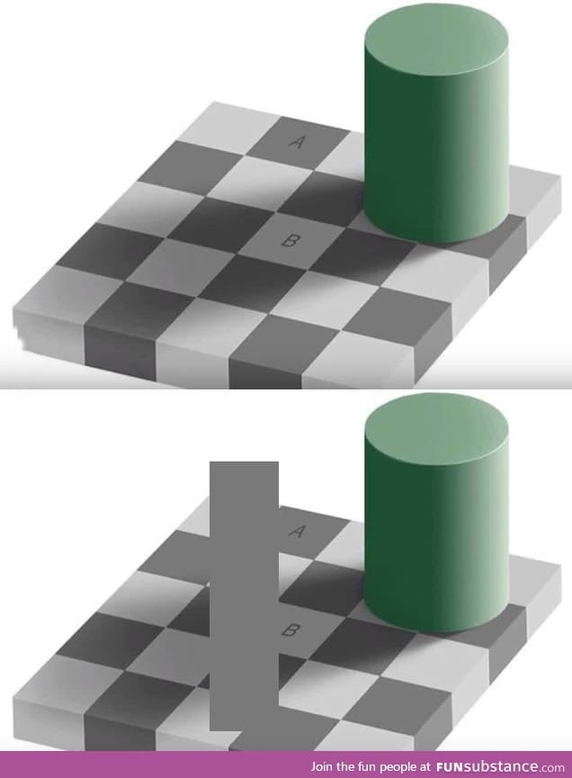 Optical illusion - The squares A and B have the same color! Amazing!