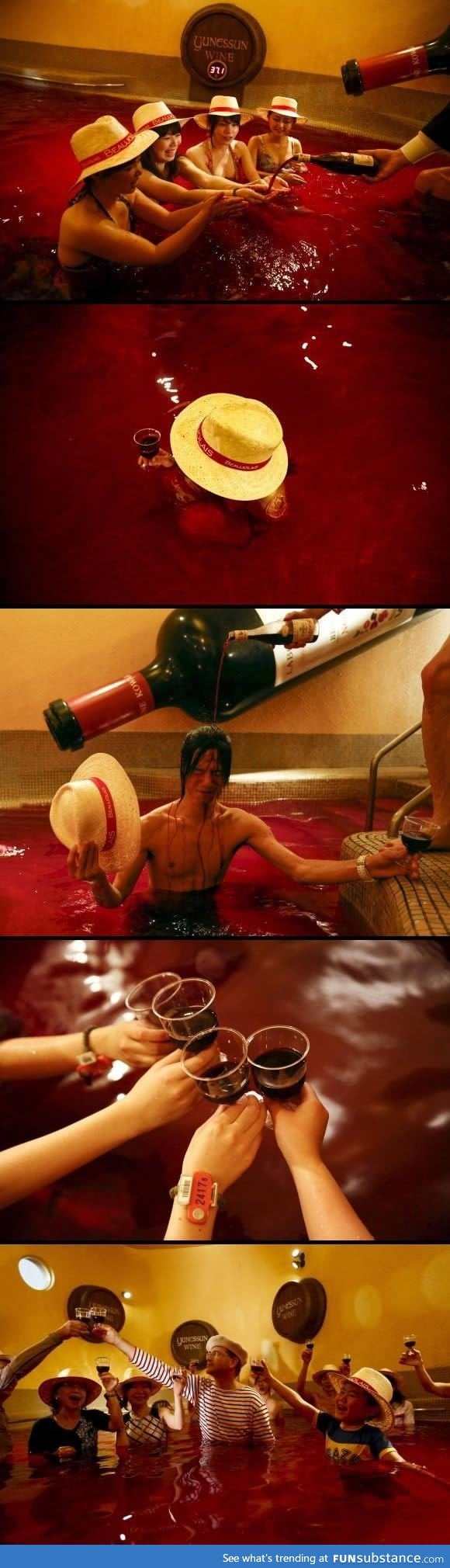 People in Japan celebrate a French holiday by bathing in a pool of wine