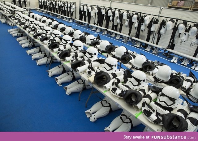 Star Wars The Force Awakens Stormtrooper costumes lined up from behind the scenes