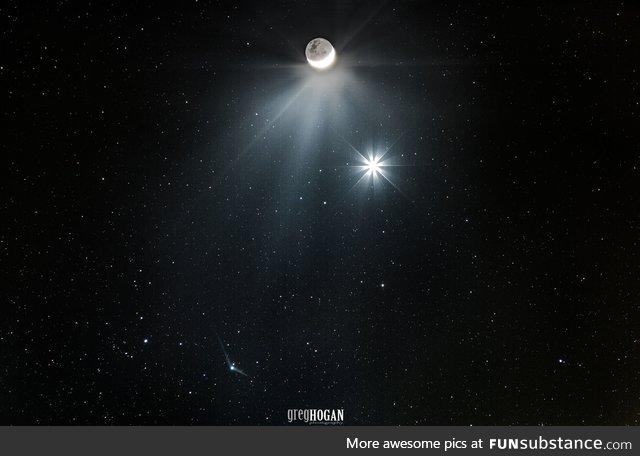 Crescent Moon, Venus and the faint Comet Catalina