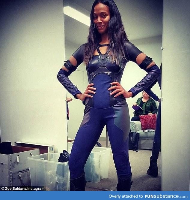 Zoe Saldana back into her Guardians Of The Galaxy costume after having twins