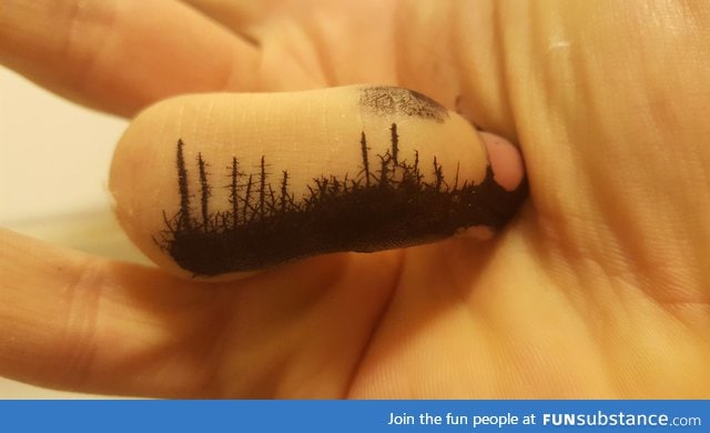 "The spilled ink on my finger looks like a forrest fire have taken place"