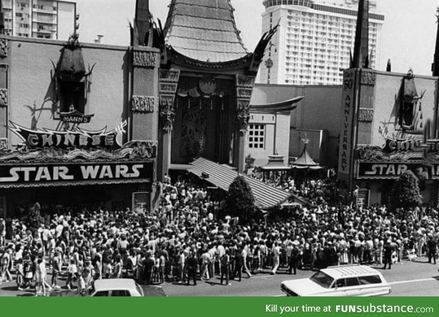 This is the opening day crowd for Star Wars in 1977