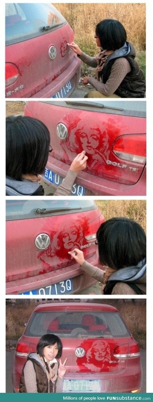 Marilyn Monroe drawn in dust on car