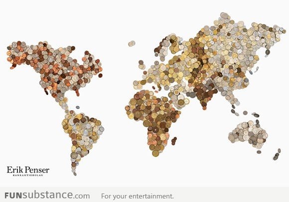World Map Made Of 3,000 Coins