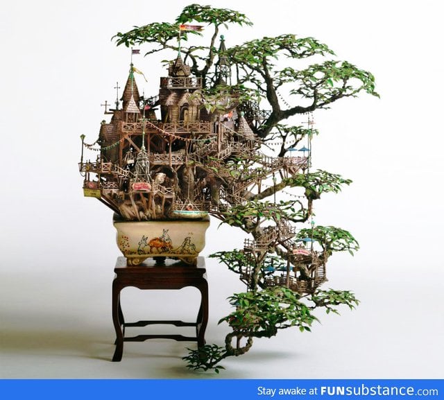 Artist creates treehouse around bonsai