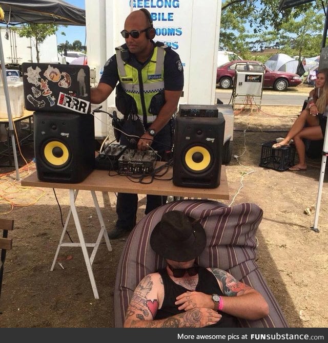 Policeman replacing the asleep DJ at Falls Festival, Australia