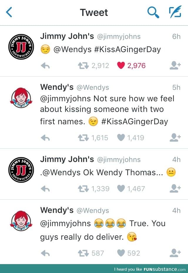 Jimmy John's and Wendy's twitter convo for #KissAGingerDay
