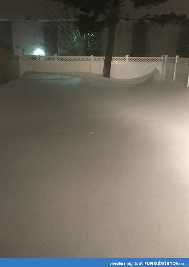 Snow in backyard. Banana for scale