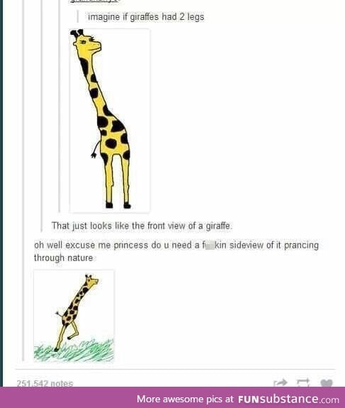 Two legged giraffe is seen prancing about