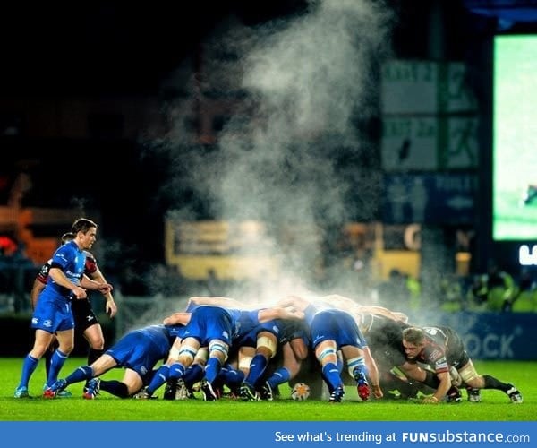 On a cold day, the heat coming off a rugby scrum