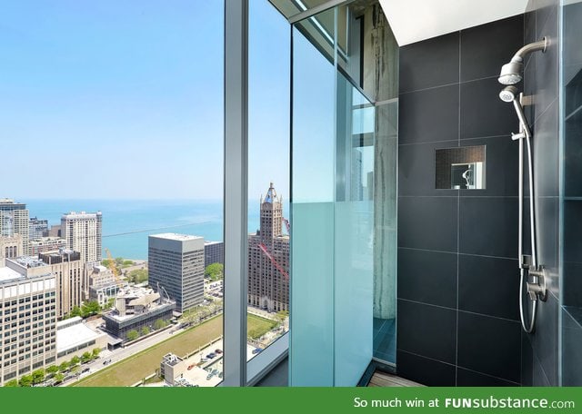 View from the shower in a condo in downtown Chicago
