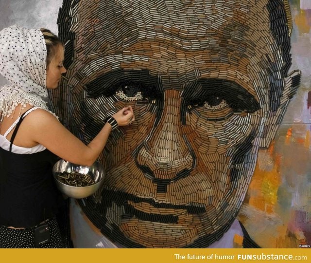 Ukranian woman making a Putin mosaic with shell casings