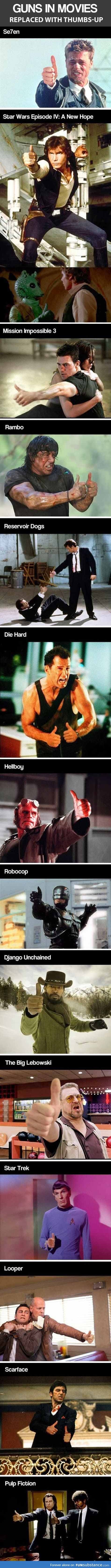 Guns replaced with thumbs up in movies