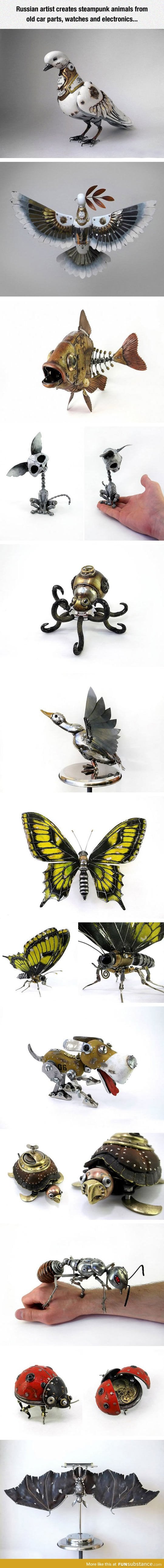 Steampunk animals made from old car parts